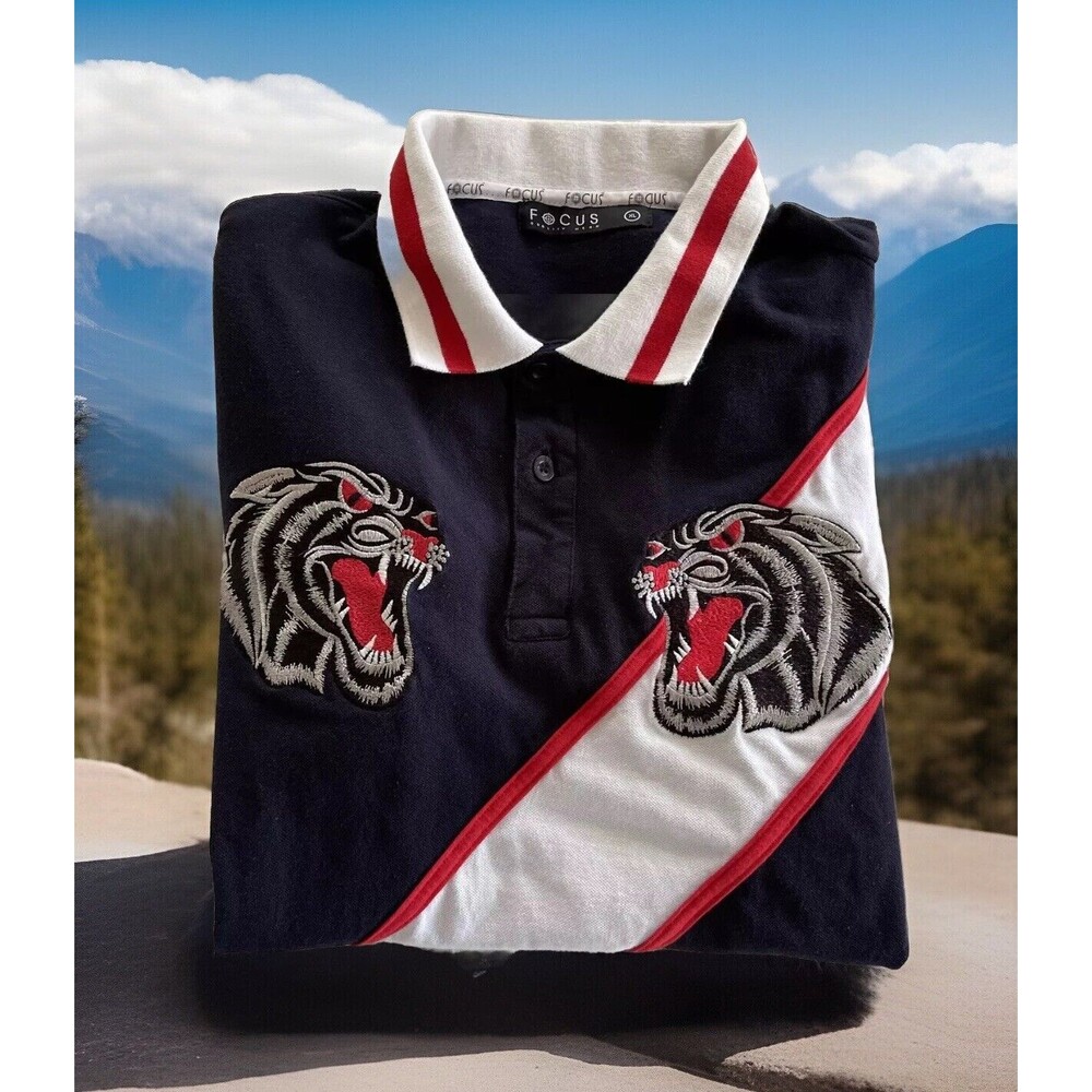 Focus Polo Black Panthers Embroidered White Cross Stripe Shirt Men 40" Chest